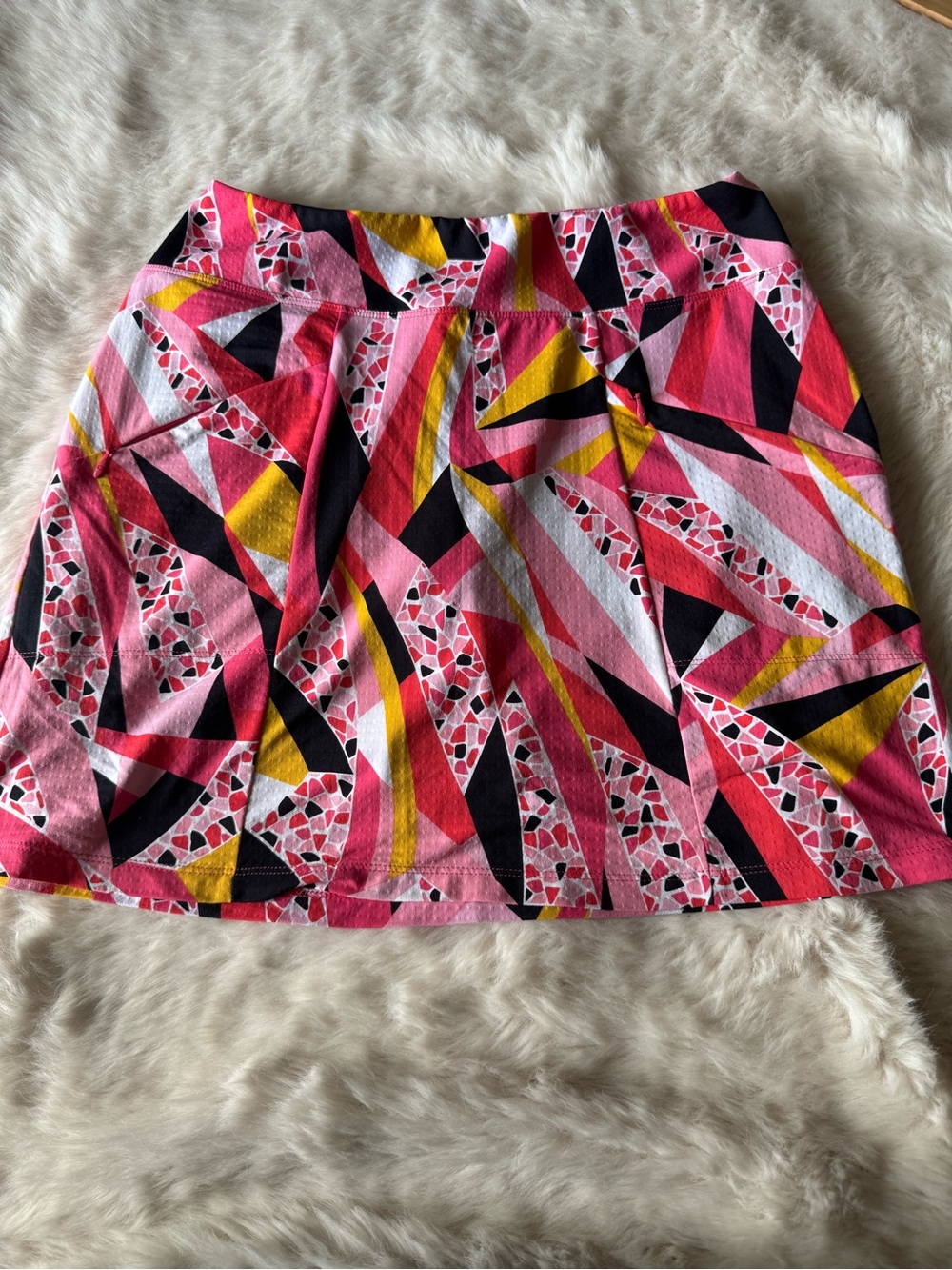 IBKUL Pink Geometric A-Line Skirt with Yellow & Black Accents